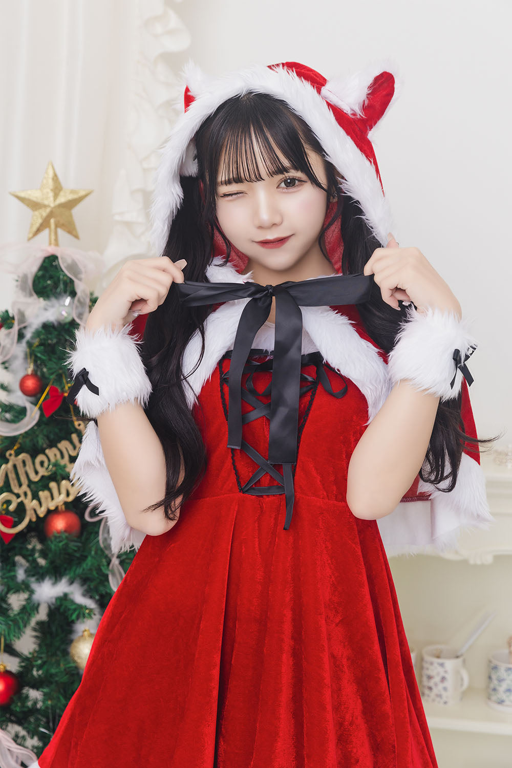 《JamsCollection着用》コスプレ クリスマス サンタ ミミノエル ねこケープサンタ レディース フリーサイズ レッド【クリアストーン】