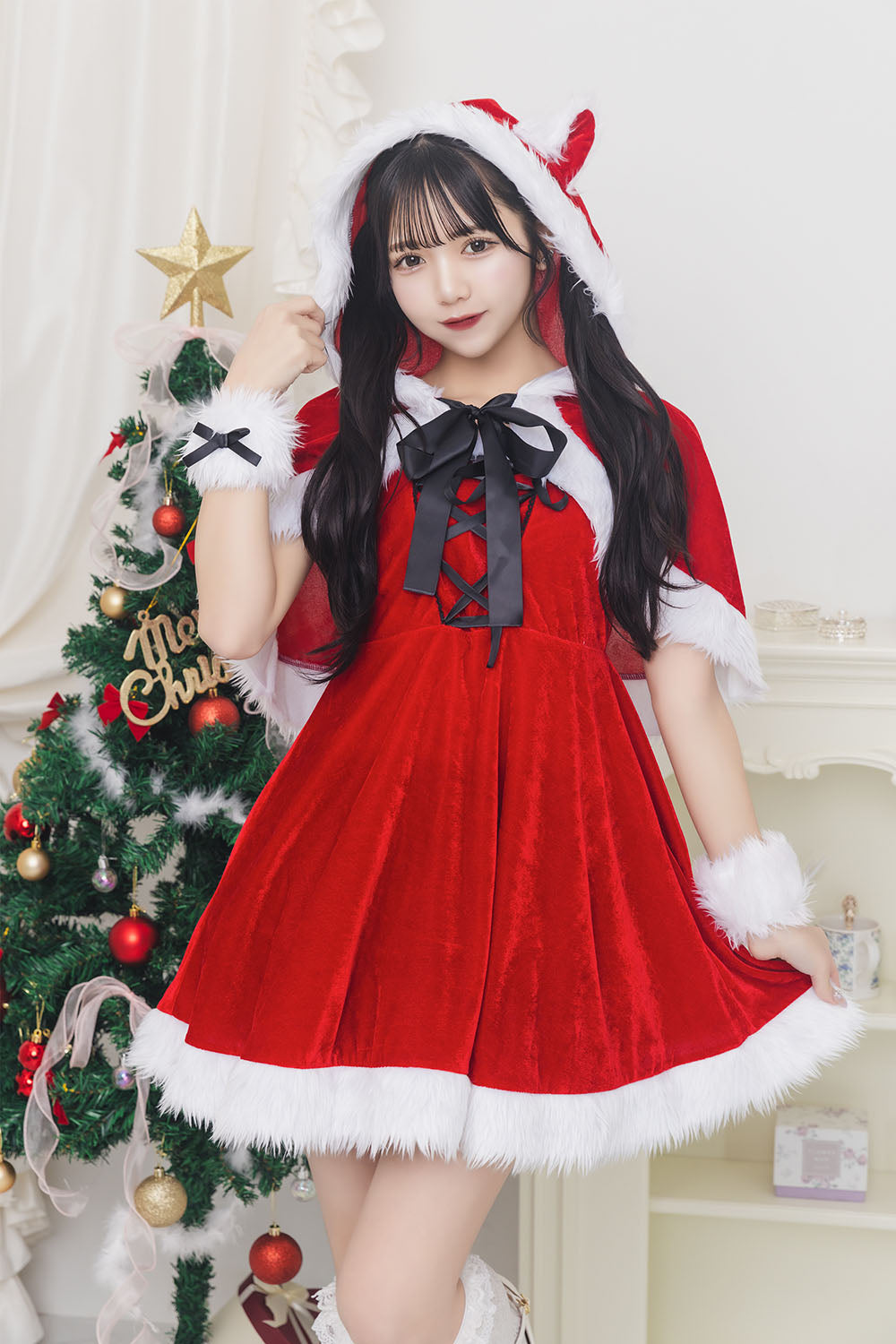 《JamsCollection着用》コスプレ クリスマス サンタ ミミノエル ねこケープサンタ レディース フリーサイズ レッド【クリアストーン】