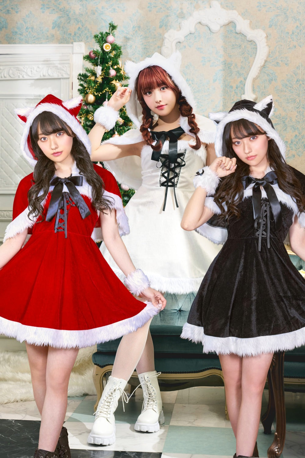 コスプレ クリスマス サンタ ミミノエル ねこケープサンタ レディース S/M/2L レッド/ブラック/ホワイト【クリアストーン】♡