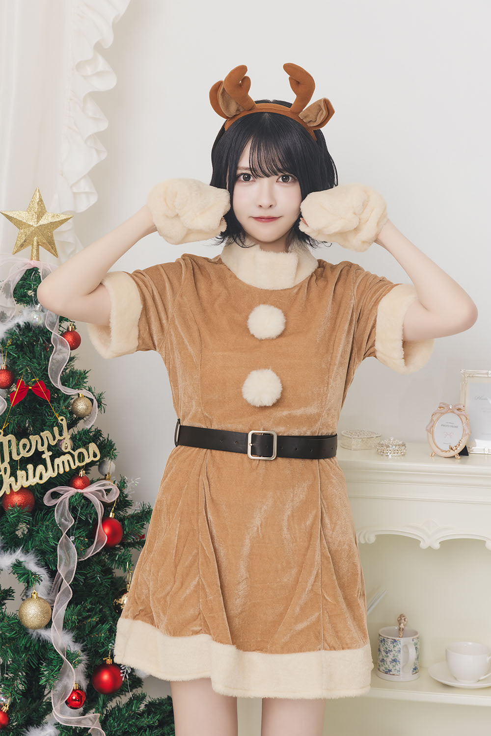 《JamsCollection着用》コスプレ クリスマス トナカイ 手袋 ミミノエル キャンディミトントナカイ レディース ブラウン 【クリアストーン】