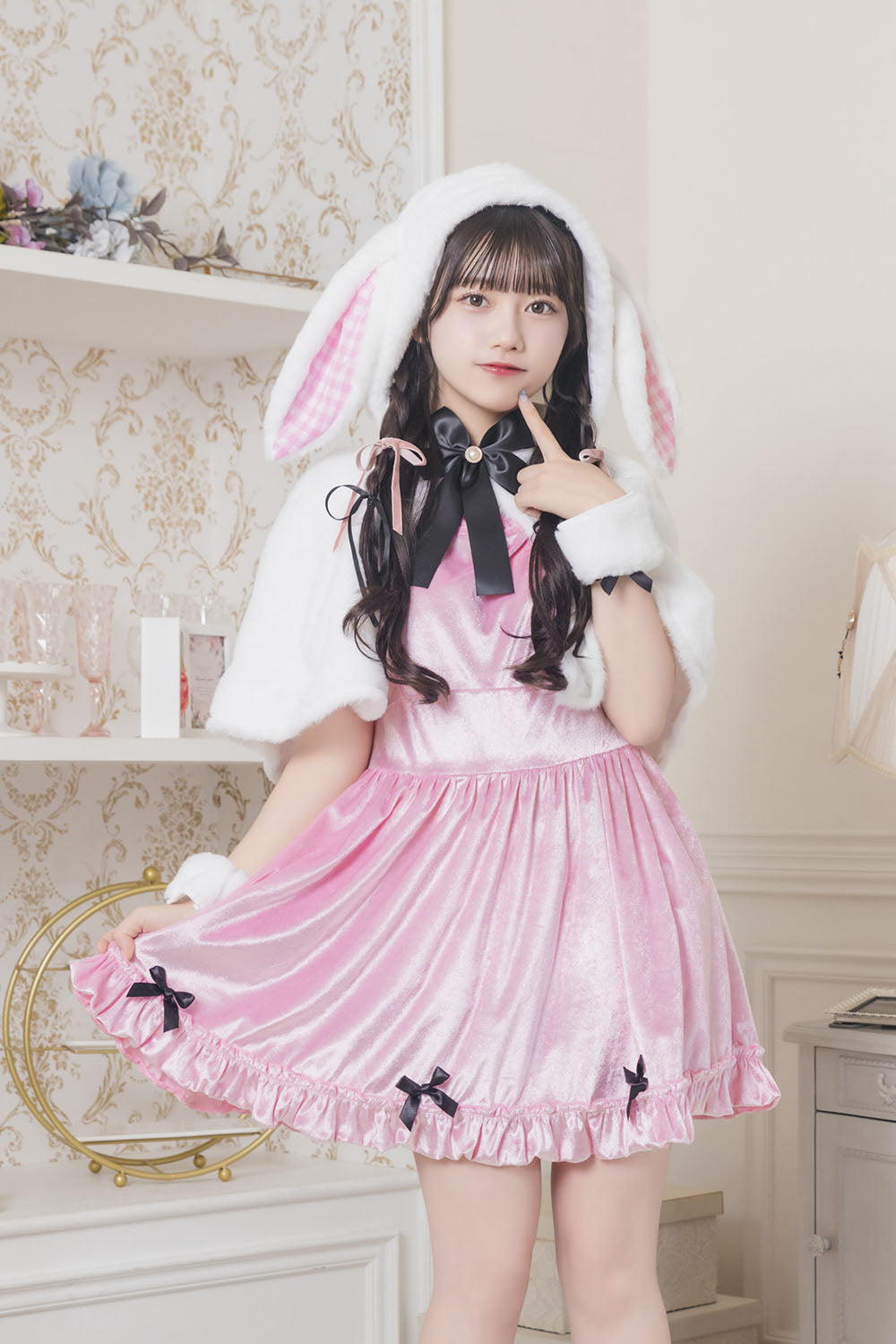 《JamsCollection着用》コスプレ ハロウィン うさぎ フロイマイン 清純白うさぎ レディース フリーサイズ ピンク/ブルー 【クリアストーン】