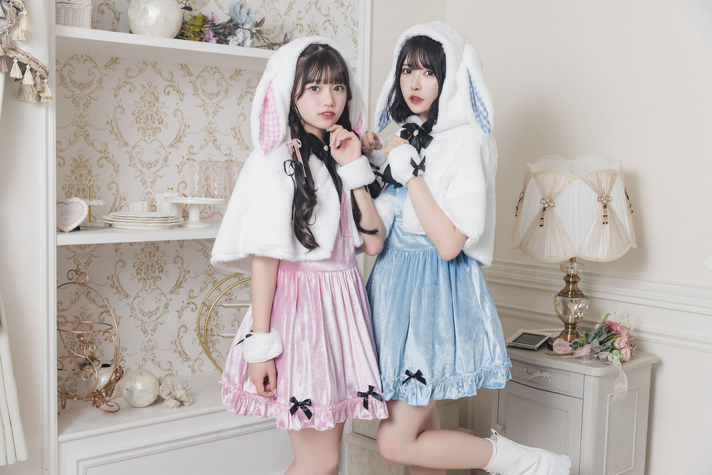 《JamsCollection着用》コスプレ ハロウィン うさぎ フロイマイン 清純白うさぎ レディース フリーサイズ ピンク/ブルー 【クリアストーン】