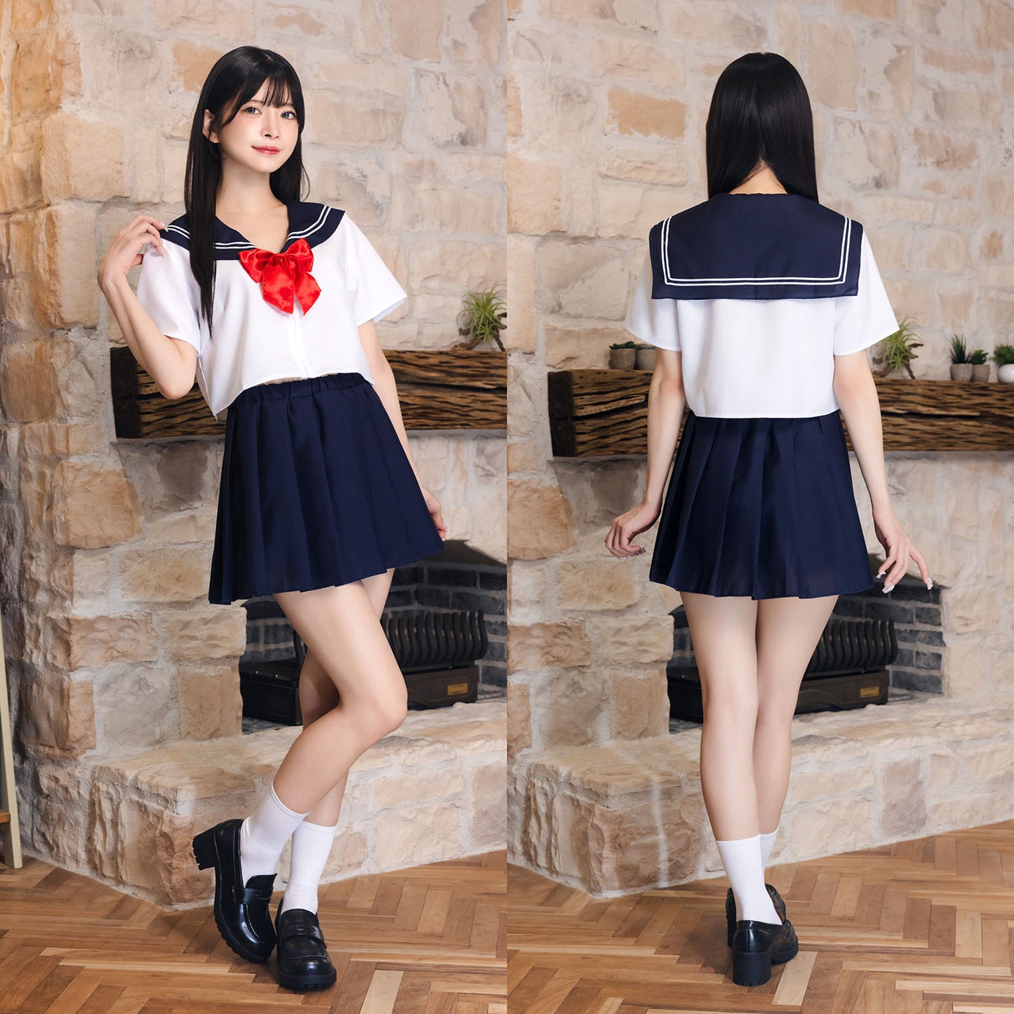 コスプレ 制服 シェリーズクローゼット リボンセーラー レディース フリーサイズ ネイビー【クリアストーン】♡