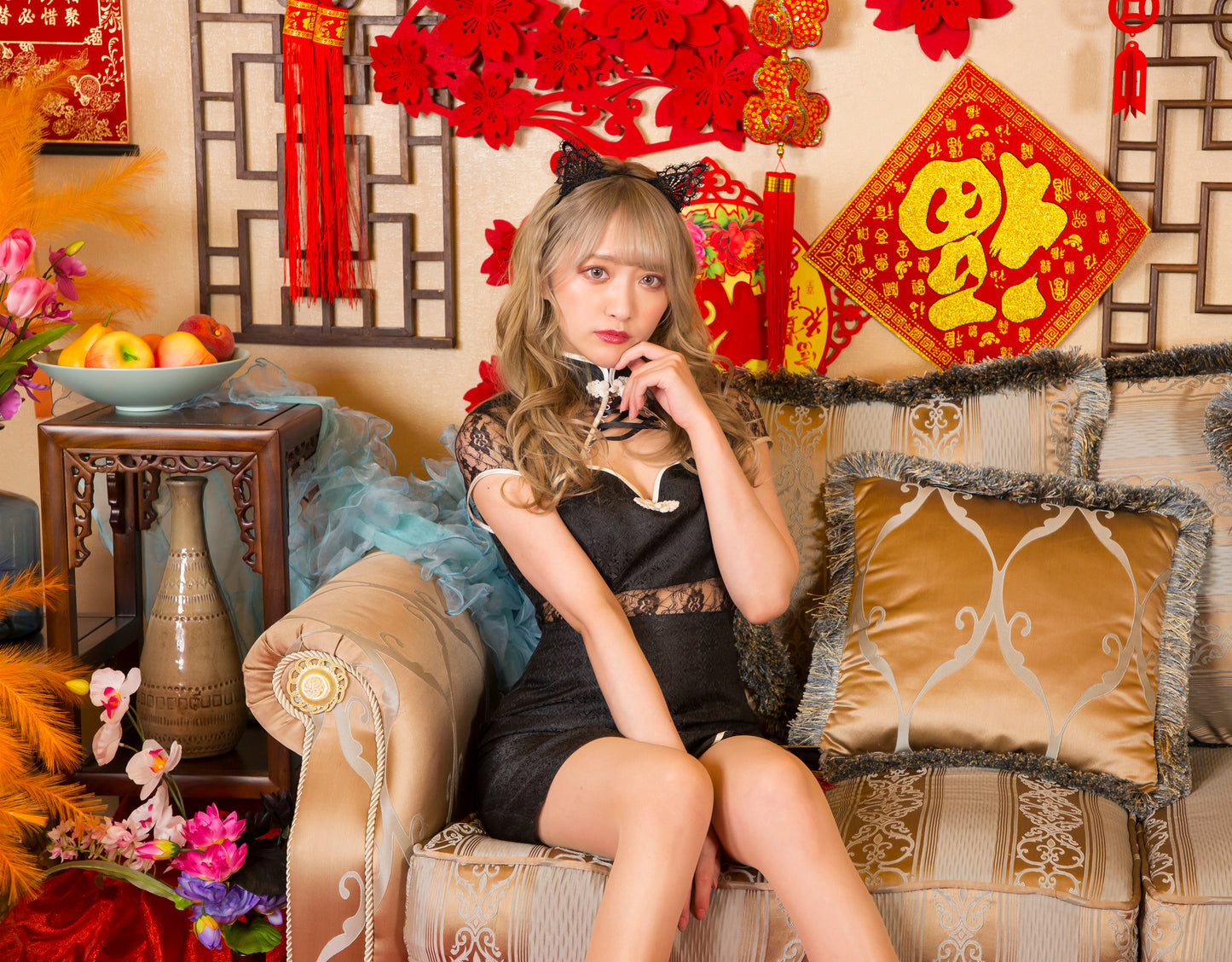 コスプレ チャイナ ロイヤルチャイナ ねこチャイナ ビター レディース S M L ブラック【クリアストーン】