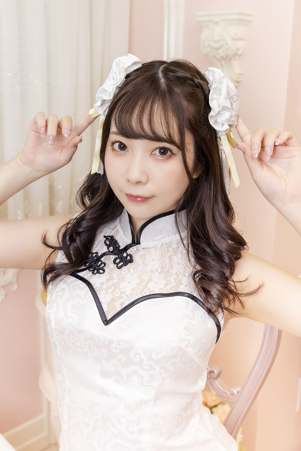 コスプレ小物 チャイナ チャイナお団子カバー リリパレ レディース フリーサイズ ホワイト/ピンク【クリアストーン】