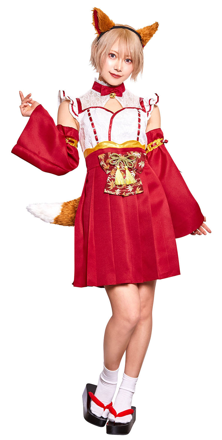 《篠崎こころちゃん着用》 コスプレ ハロウィン 和装 狐 巫女 ハイカラニズム キツネミコ レディース フリーサイズ レッド【クリアストーン】