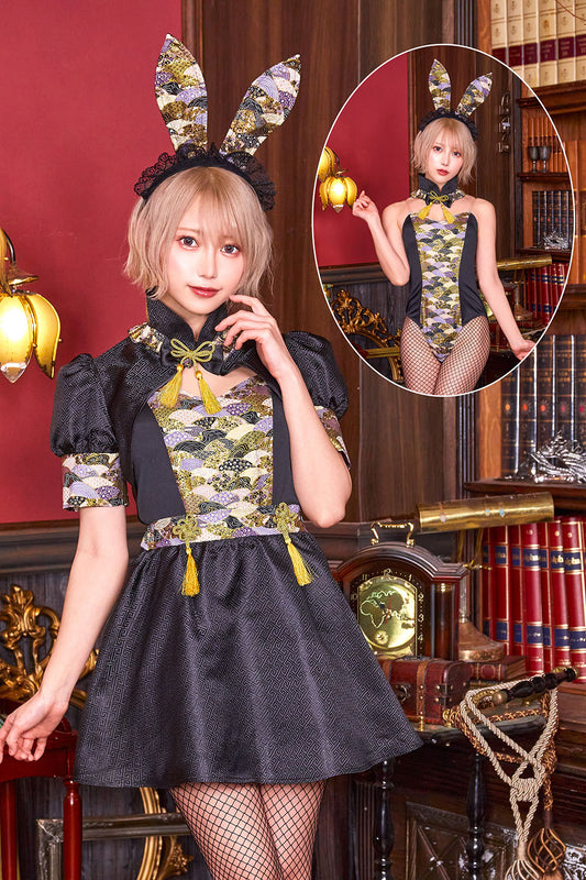 《篠崎こころちゃん着用》 コスプレ ハロウィン 和風 うさぎ ハイカラニズム バニーガール レディース フリーサイズ ブラック【クリアストーン】