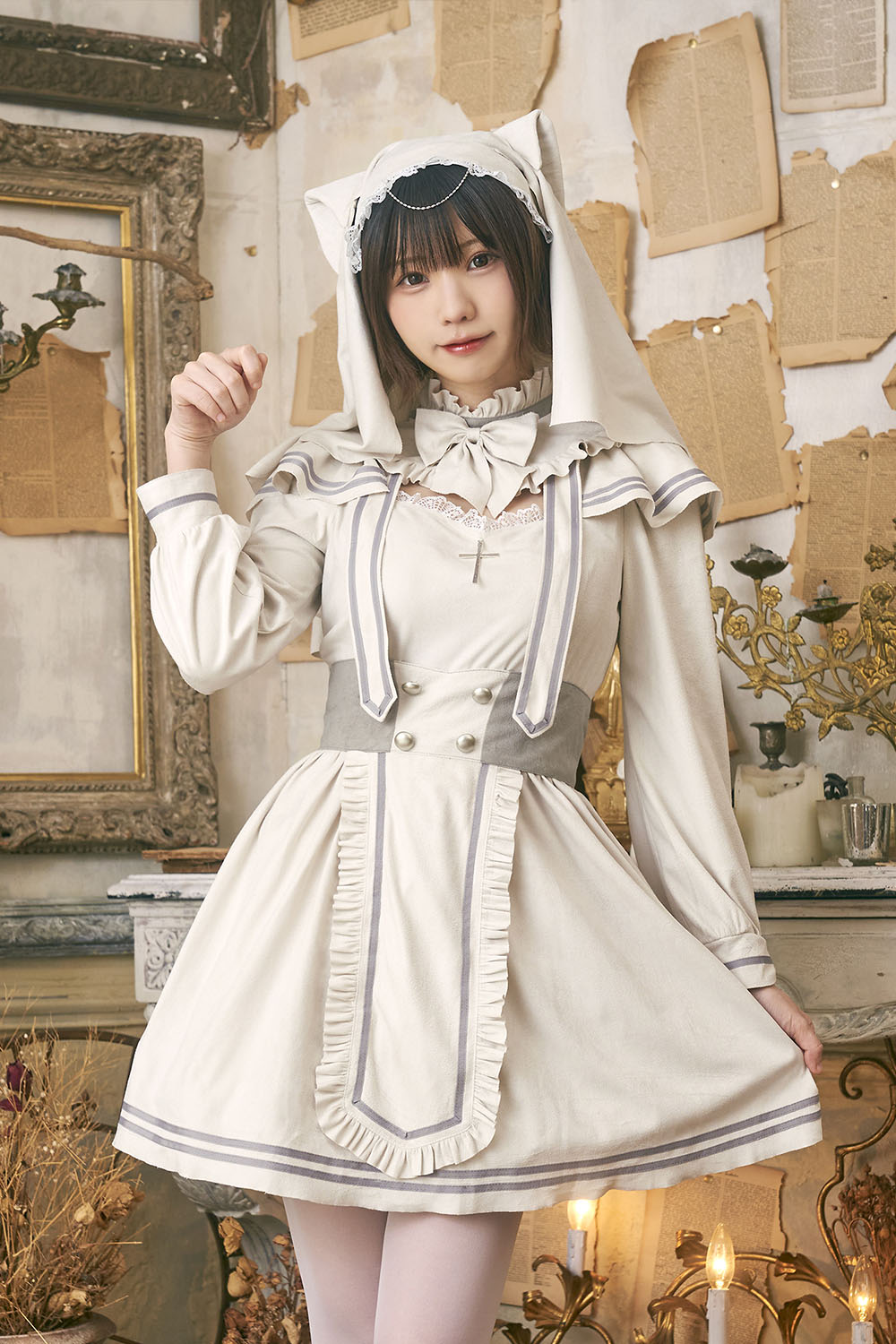 《えなこちゃん着用》コスプレ ハロウィン ねこ シスター ダスティコンフィ ネコシスター レディース フリーサイズ アイボリー【クリアストーン】