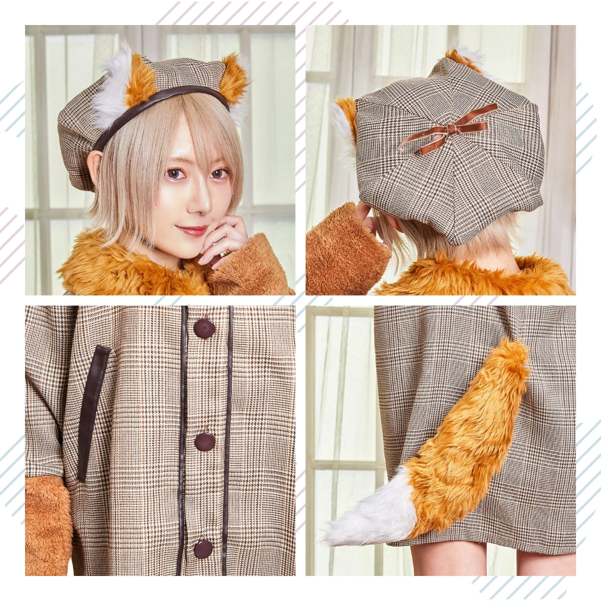 コスプレ ハロウィン アニマル ファングル きつね探偵シャツ ユニセックス フリーサイズ ブラウン【クリアストーン】