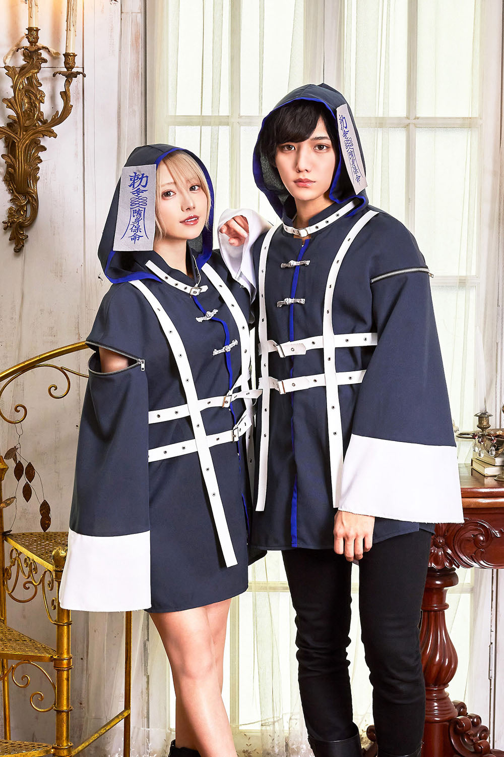 コスプレ ハロウィン ファングル キョンシーシャツ ユニセックス フリーサイズ ブルー【クリアストーン】