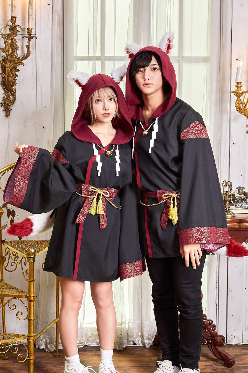 コスプレ ハロウィン きつね ファングル 稲荷様パーカー ユニセックス フリーサイズ レッド【クリアストーン】