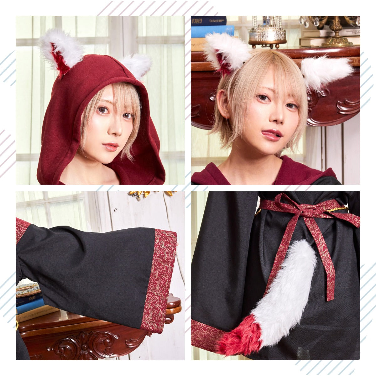 コスプレ ハロウィン きつね ファングル 稲荷様パーカー ユニセックス フリーサイズ レッド【クリアストーン】