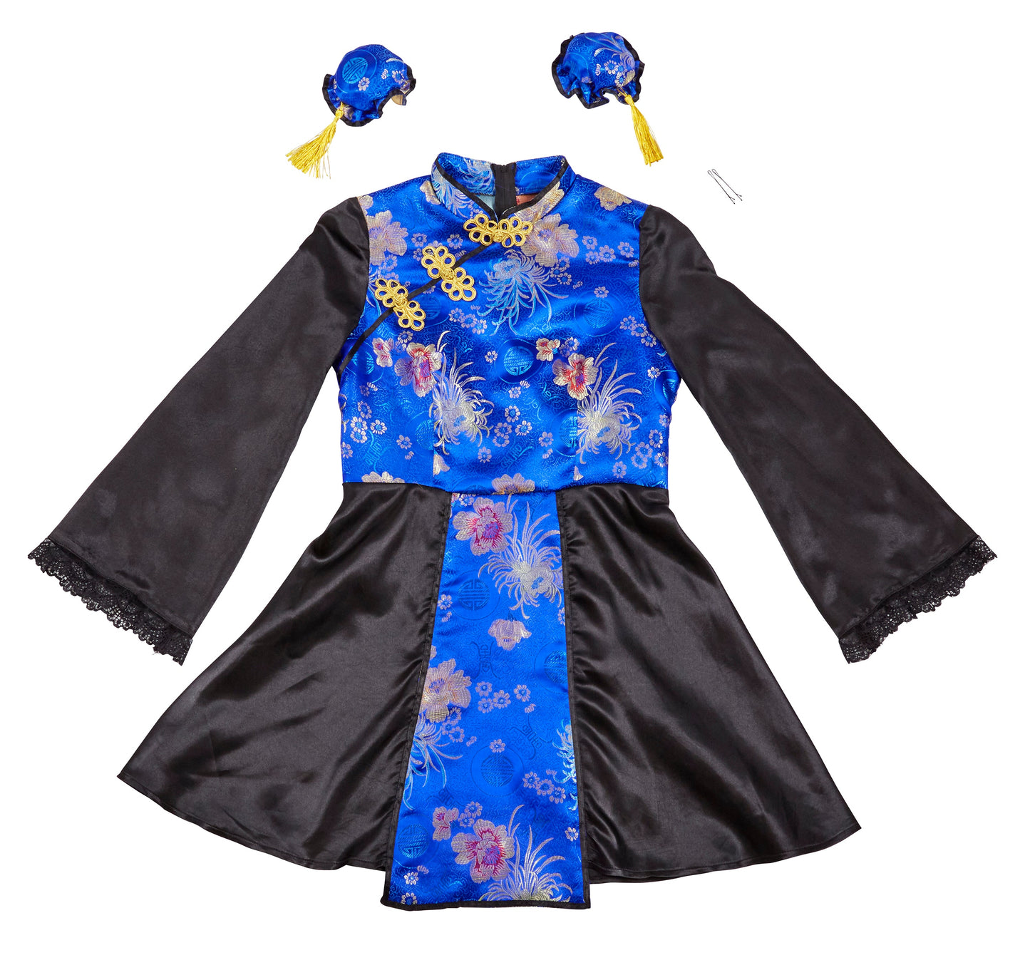 コスプレ ジュニア こども チャイナ COSCHU! チャイニーチャイナ 140～150cm ブラック レッド/ブルー【クリアストーン】