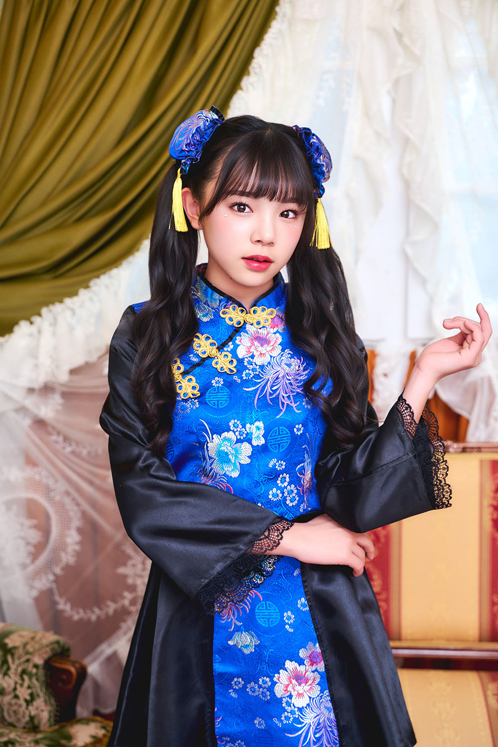 コスプレ ジュニア こども チャイナ COSCHU! チャイニーチャイナ 140～150cm ブラック レッド/ブルー【クリアストーン】