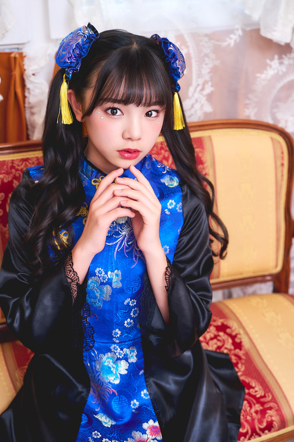 コスプレ ジュニア こども チャイナ COSCHU! チャイニーチャイナ 140～150cm ブラック レッド/ブルー【クリアストーン】