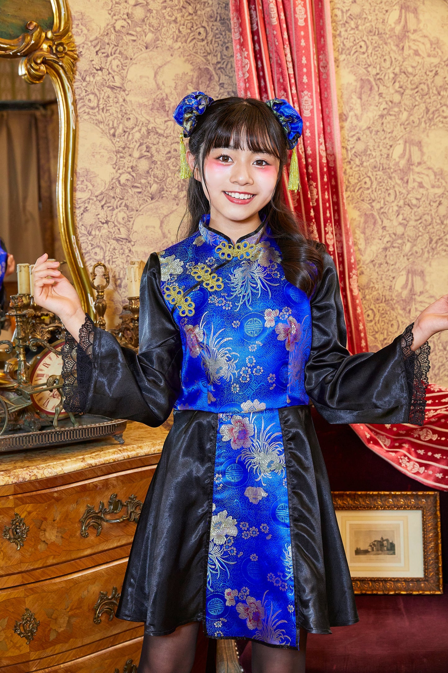 コスプレ ジュニア こども チャイナ COSCHU! チャイニーチャイナ 140～150cm ブラック レッド/ブルー【クリアストーン】