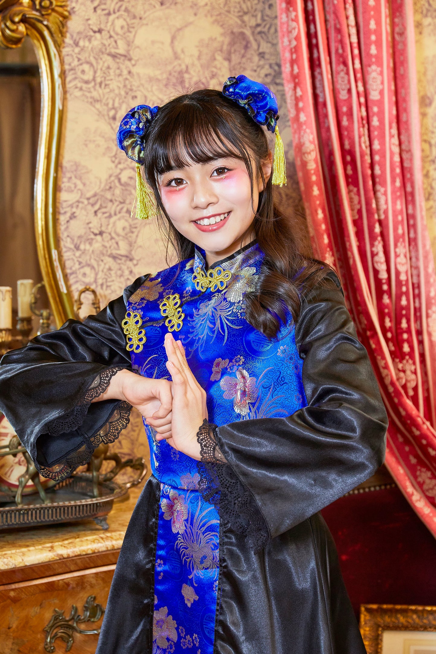 コスプレ ジュニア こども チャイナ COSCHU! チャイニーチャイナ 140～150cm ブラック レッド/ブルー【クリアストーン】