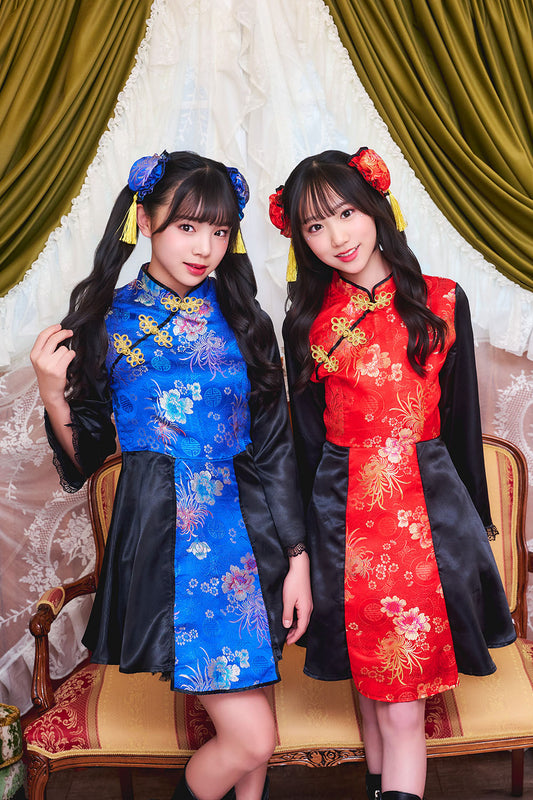 コスプレ ジュニア こども チャイナ COSCHU! チャイニーチャイナ 140～150cm ブラック レッド/ブルー【クリアストーン】