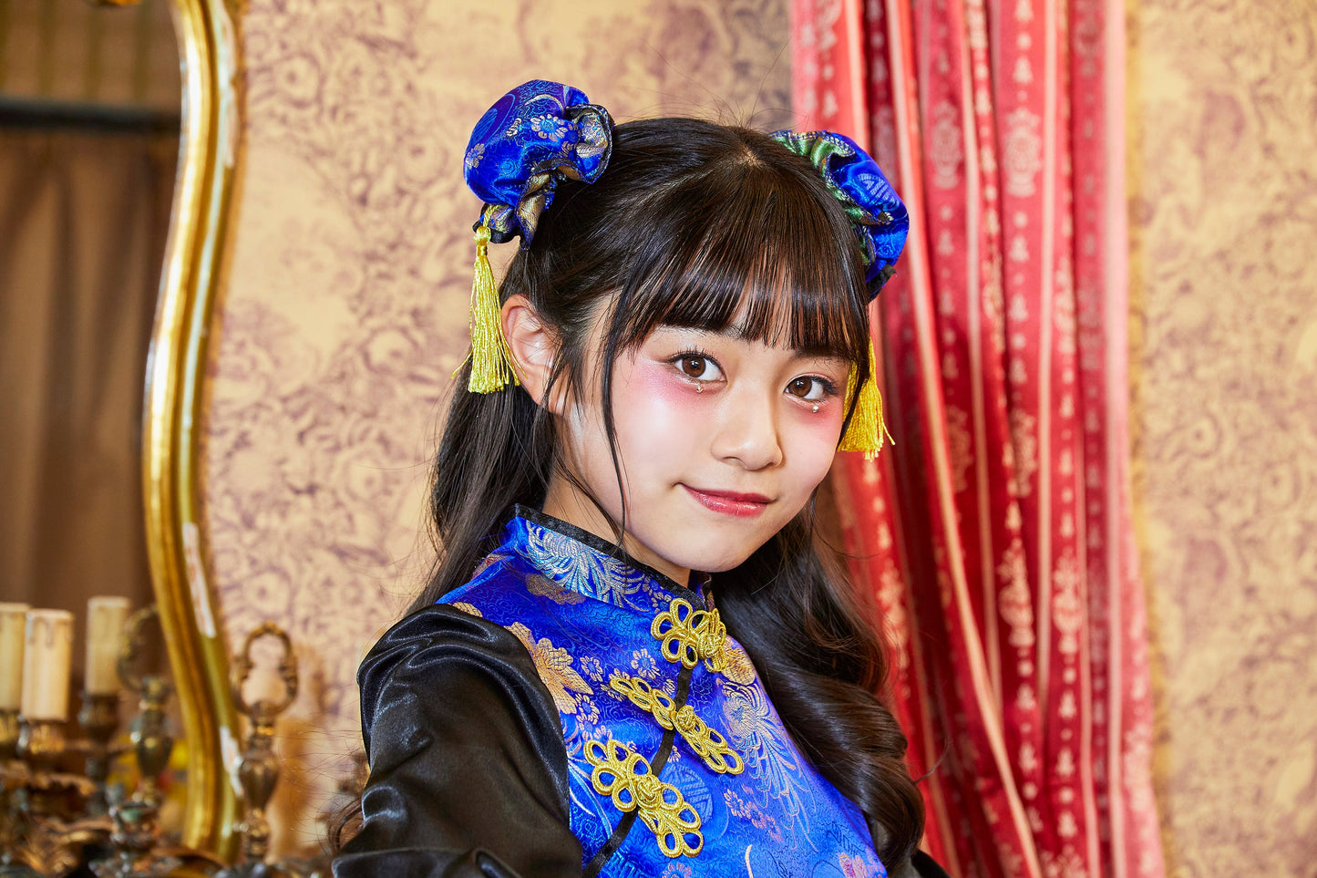 コスプレ ジュニア こども チャイナ COSCHU! チャイニーチャイナ 140～150cm ブラック レッド/ブルー【クリアストーン】