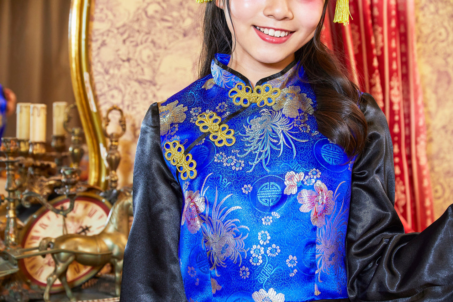 コスプレ ジュニア こども チャイナ COSCHU! チャイニーチャイナ 140～150cm ブラック レッド/ブルー【クリアストーン】