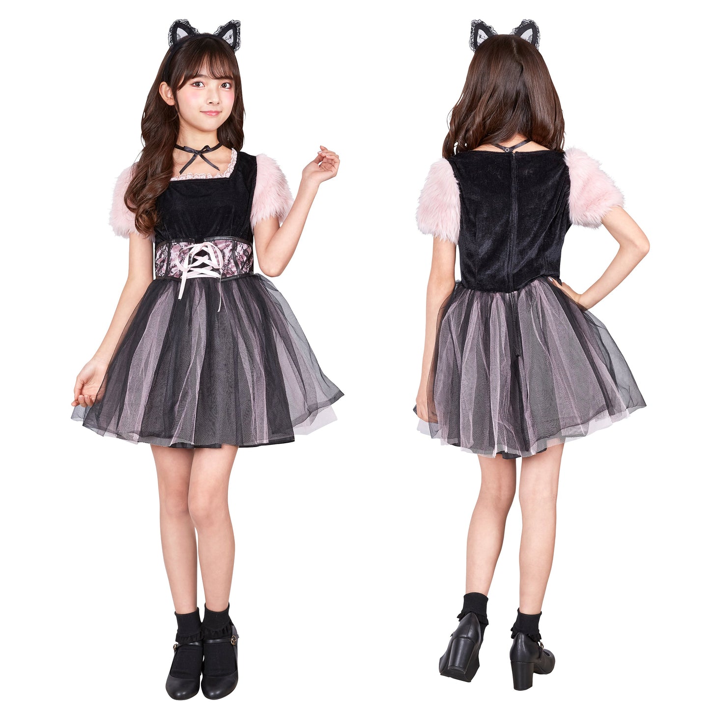 コスプレ ジュニア こども アニマル 黒猫 COSCHU! ストロベリーキャット 140～150cm ピンク【クリアストーン】