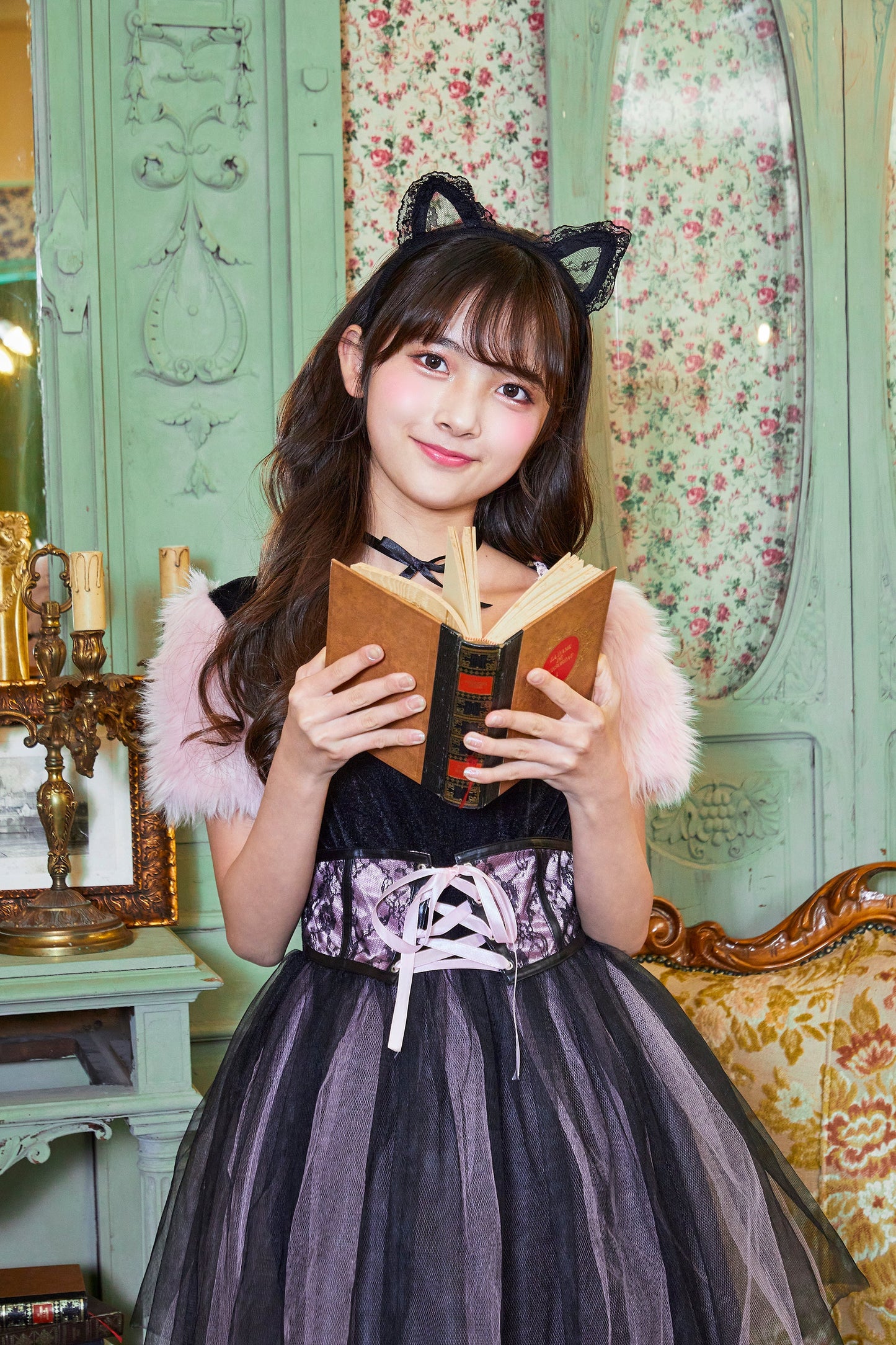 コスプレ ジュニア こども アニマル 黒猫 COSCHU! ストロベリーキャット 140～150cm ピンク【クリアストーン】