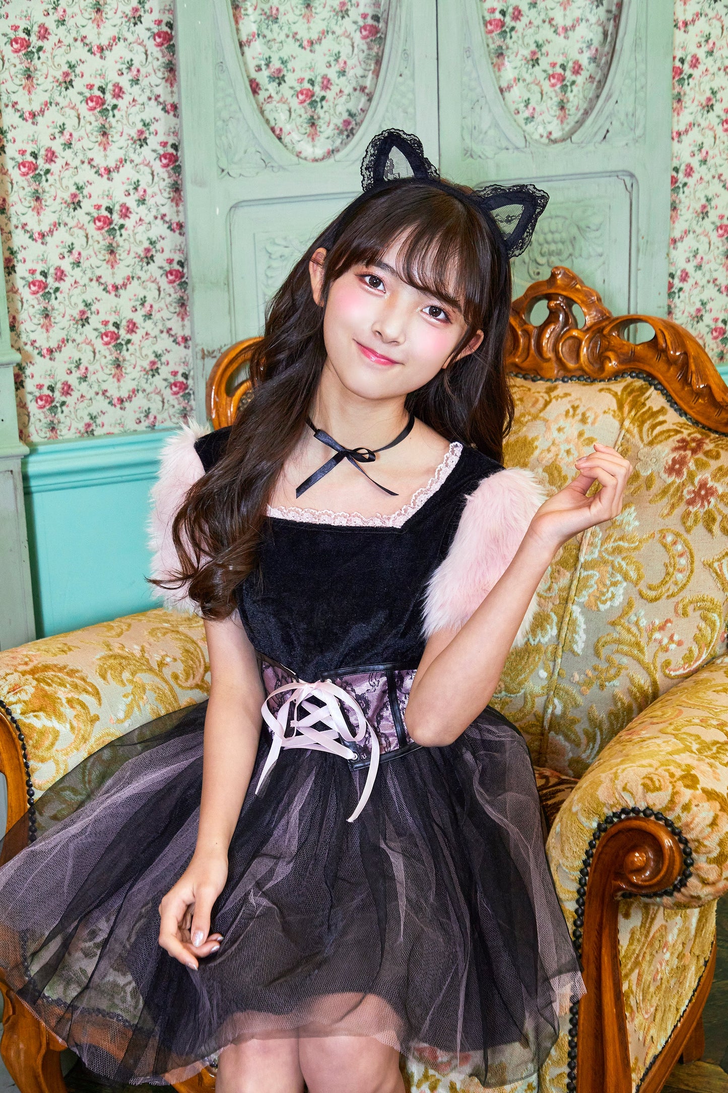 コスプレ ジュニア こども アニマル 黒猫 COSCHU! ストロベリーキャット 140～150cm ピンク【クリアストーン】