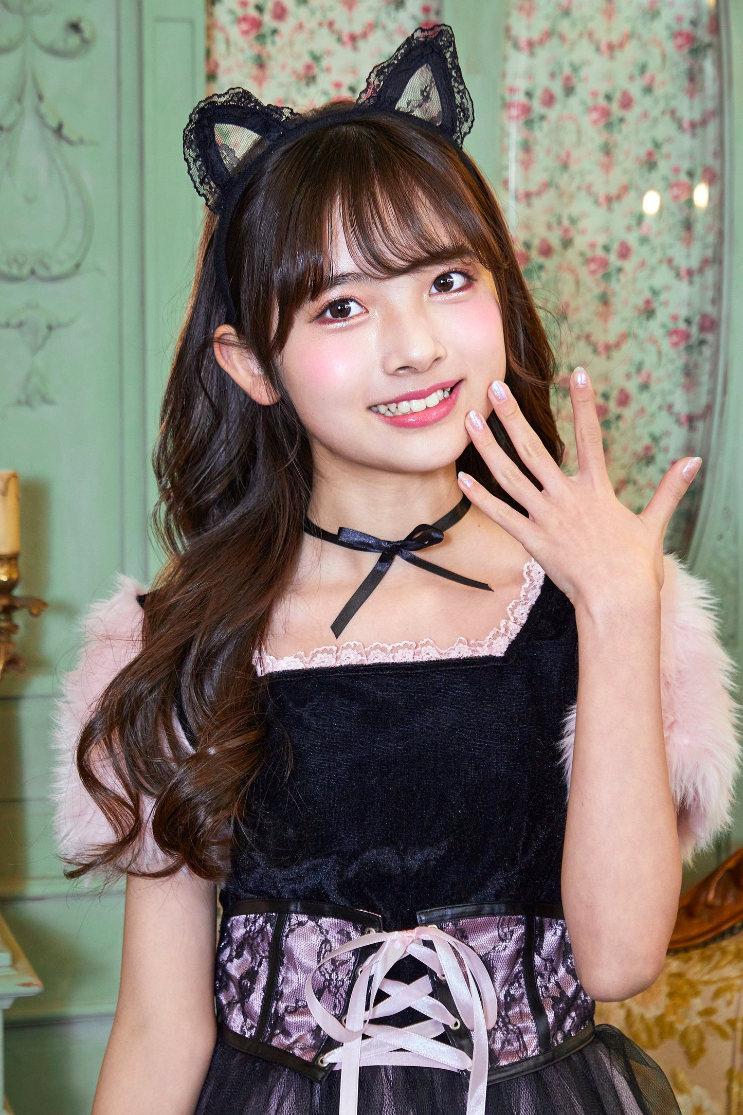 コスプレ ジュニア こども アニマル 黒猫 COSCHU! ストロベリーキャット 140～150cm ピンク【クリアストーン】