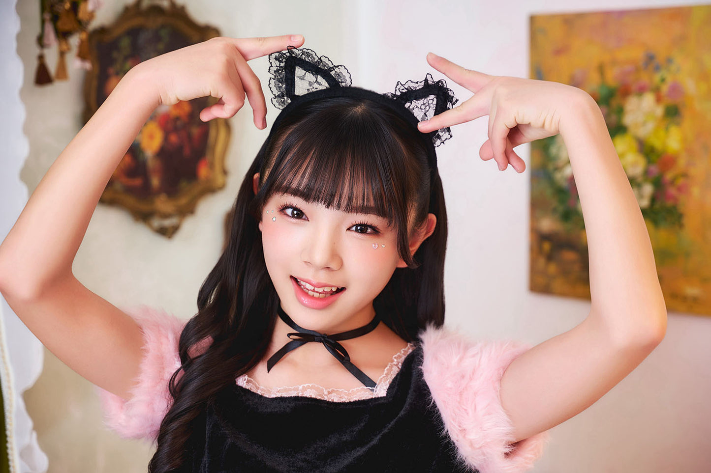 コスプレ ジュニア こども アニマル 黒猫 COSCHU! ストロベリーキャット 140～150cm ピンク【クリアストーン】