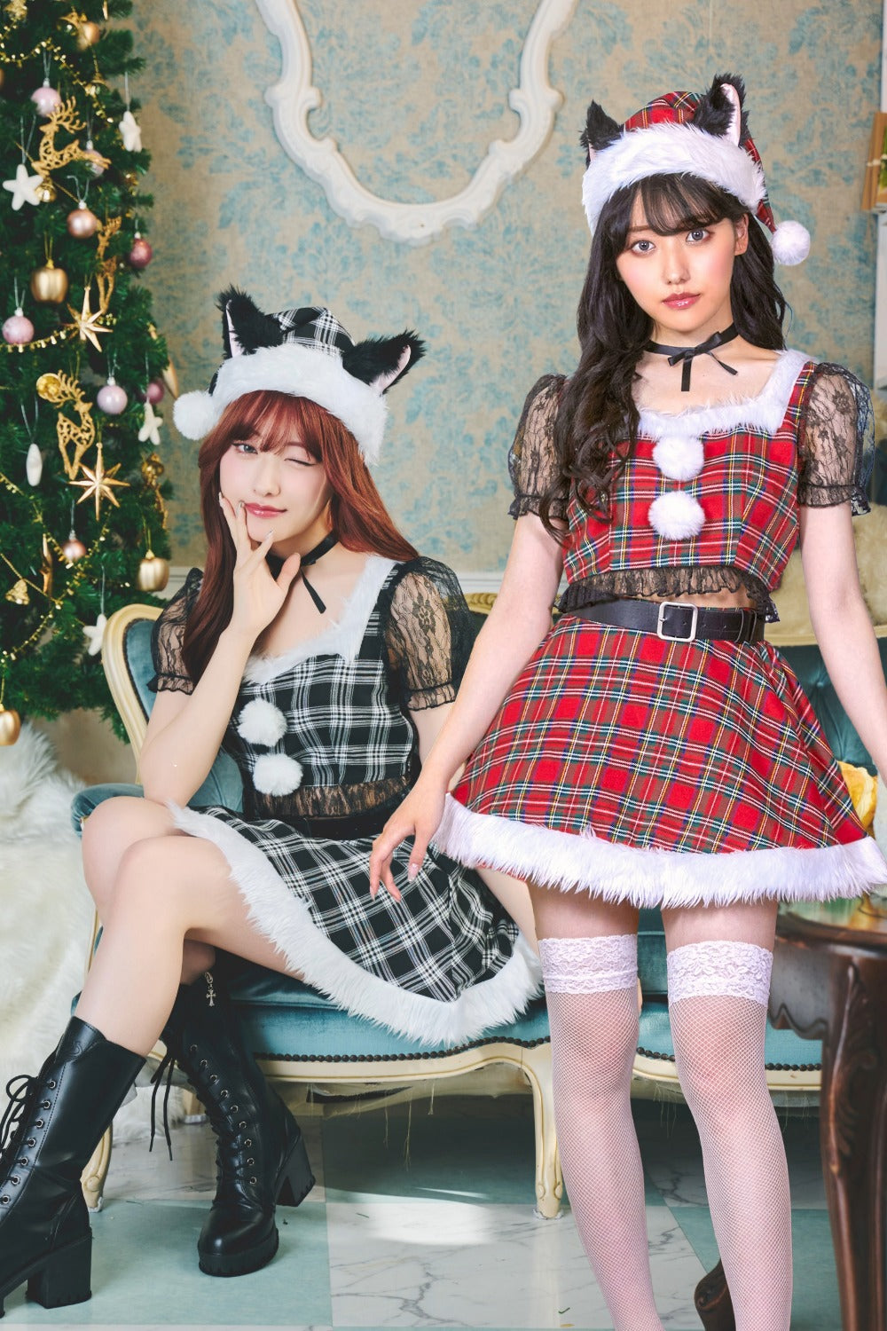 コスプレ クリスマス サンタ ミミノエル キティチェックサンタ レディース S/M/2L レッド/ブラック【クリアストーン】