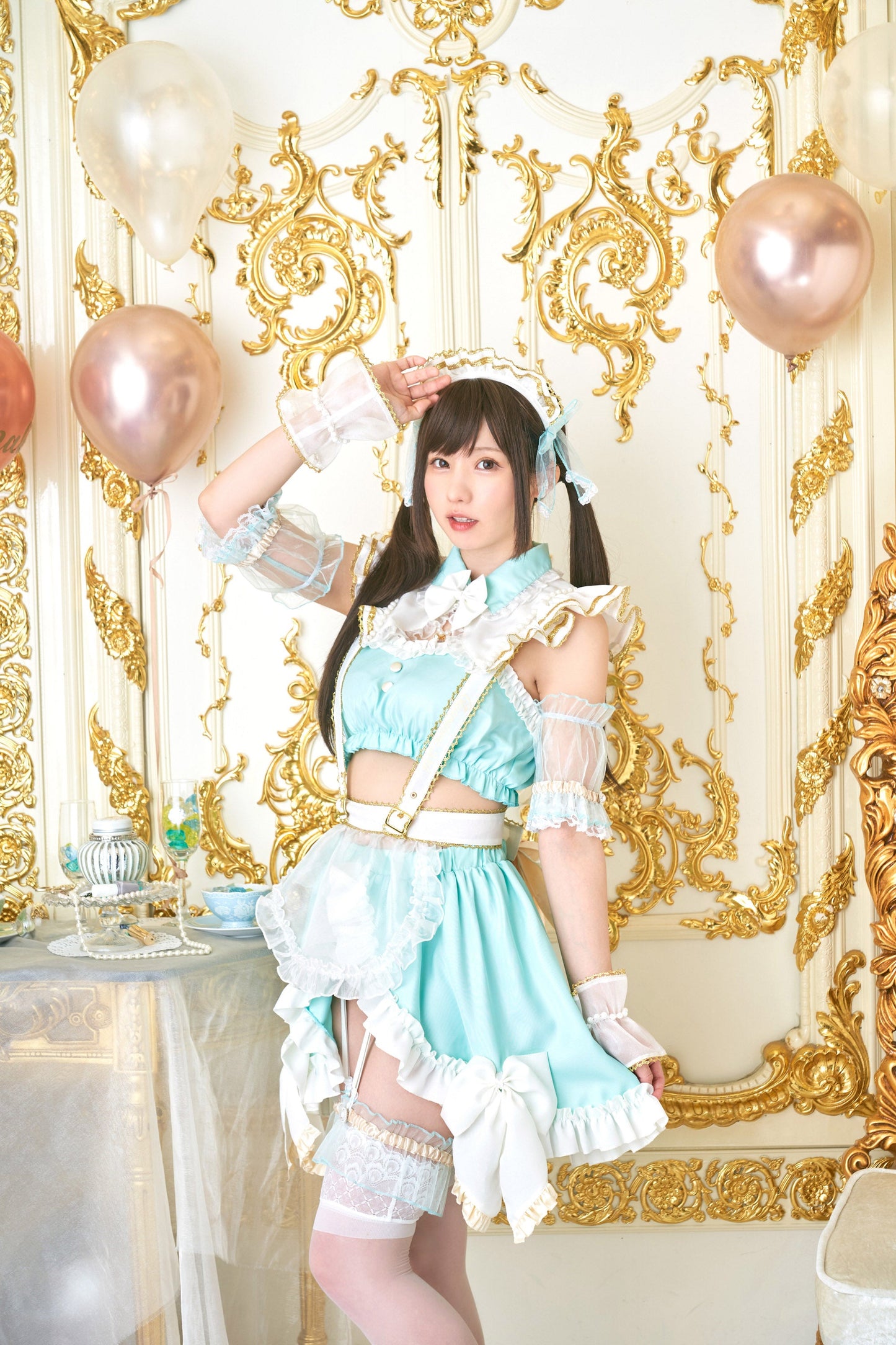 《えなこちゃん監修》 コスプレ メイド服 20周年 アニバーサリーメイド セパレート レディース フリーサイズ ミントグリーン【クリアストーン】