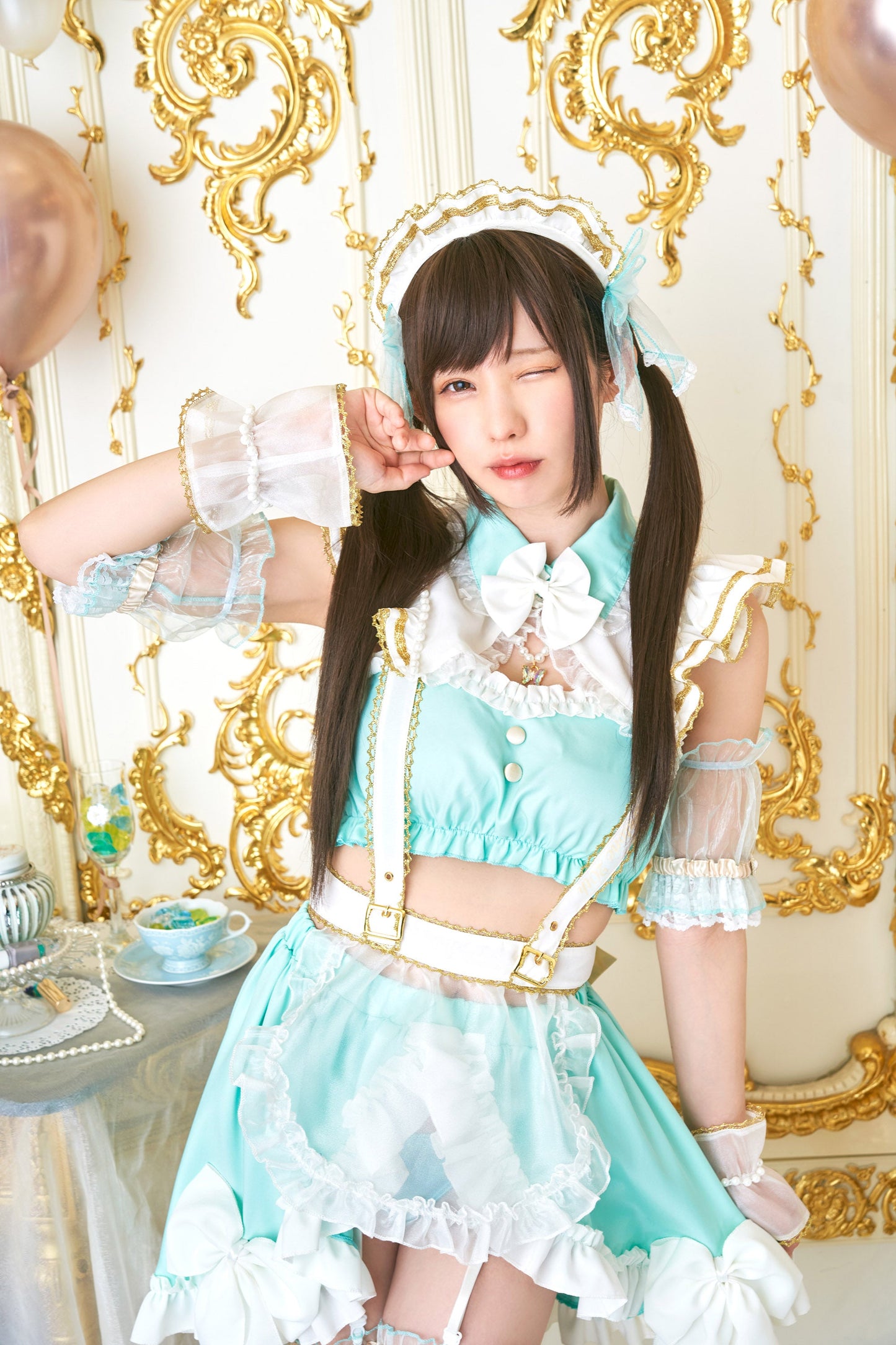 《えなこちゃん監修》 コスプレ メイド服 20周年 アニバーサリーメイド セパレート レディース フリーサイズ ミントグリーン【クリアストーン】