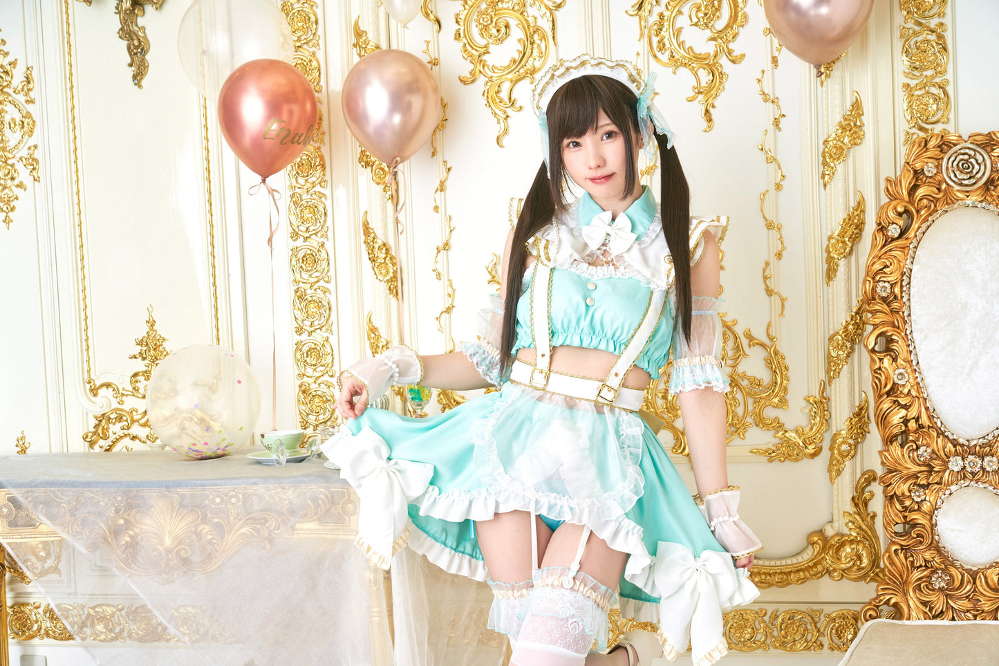 《えなこちゃん監修》 コスプレ メイド服 20周年 アニバーサリーメイド セパレート レディース フリーサイズ ミントグリーン【クリアストーン】