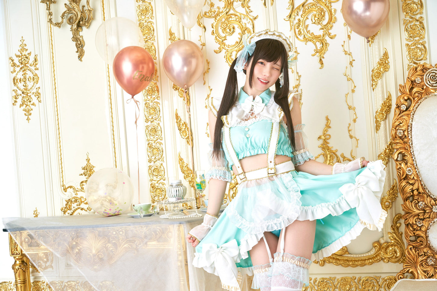 《えなこちゃん監修》 コスプレ メイド服 20周年 アニバーサリーメイド セパレート レディース フリーサイズ ミントグリーン【クリアストーン】