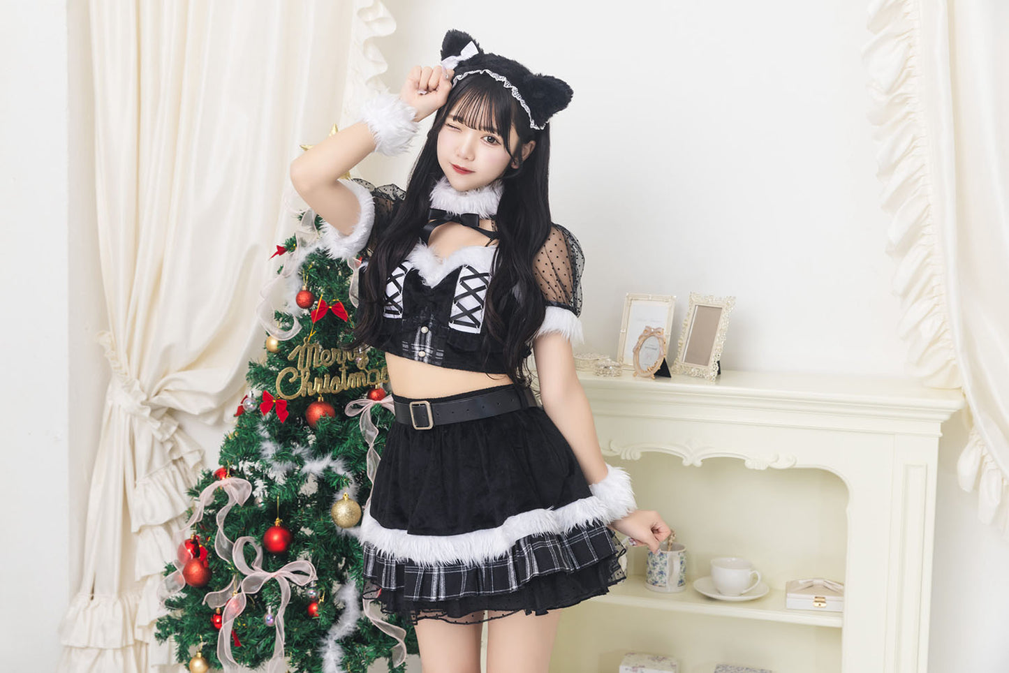 《JamsCollection着用》 コスプレ ねこ サンタ クリスマス リリパレ ルナキャット/アルテミスキャット レディース フリーサイズ ブラック/ホワイト 【クリアストーン】♡
