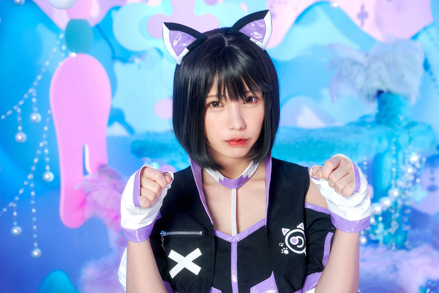 《えなこちゃん着用》[New] コスプレ サイバー ねこ ゲーミング サイバーイリス キャット レディース フリーサイズ ピンク/パープル【クリアストーン】