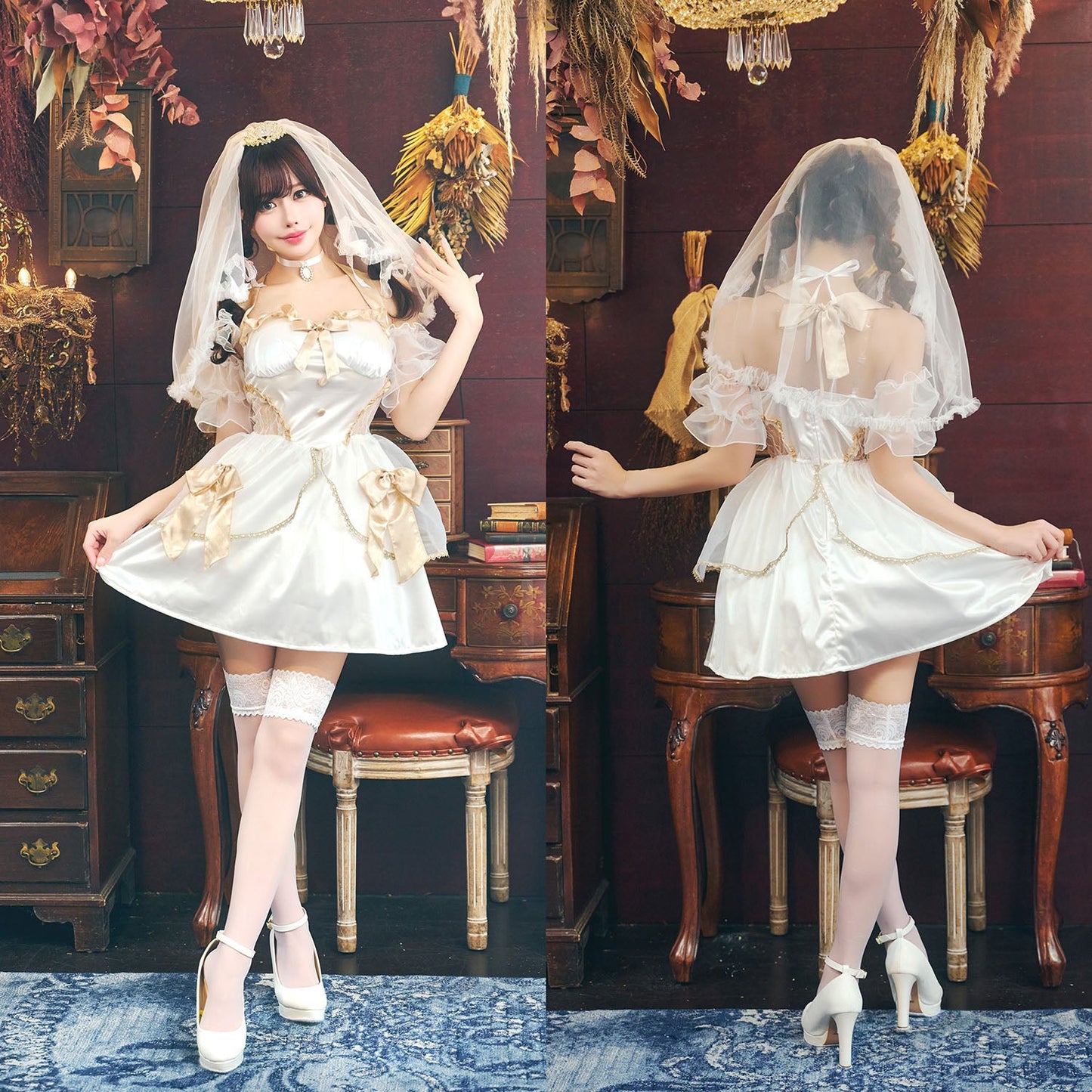 コスプレ 花嫁 ジューンブライド アンティークブライド レディース フリーサイズ ホワイト×ゴールド【クリアストーン】