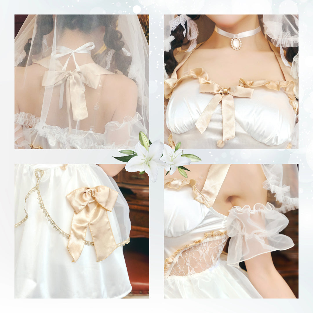 コスプレ 花嫁 ジューンブライド アンティークブライド レディース フリーサイズ ホワイト×ゴールド【クリアストーン】