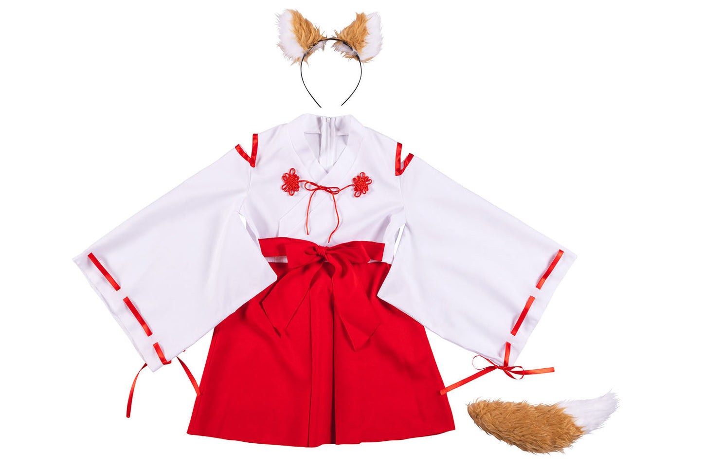 [New] コスプレ キッズ こども ハロウィン きつね巫女 120/140cm ホワイト レッド【クリアストーン】