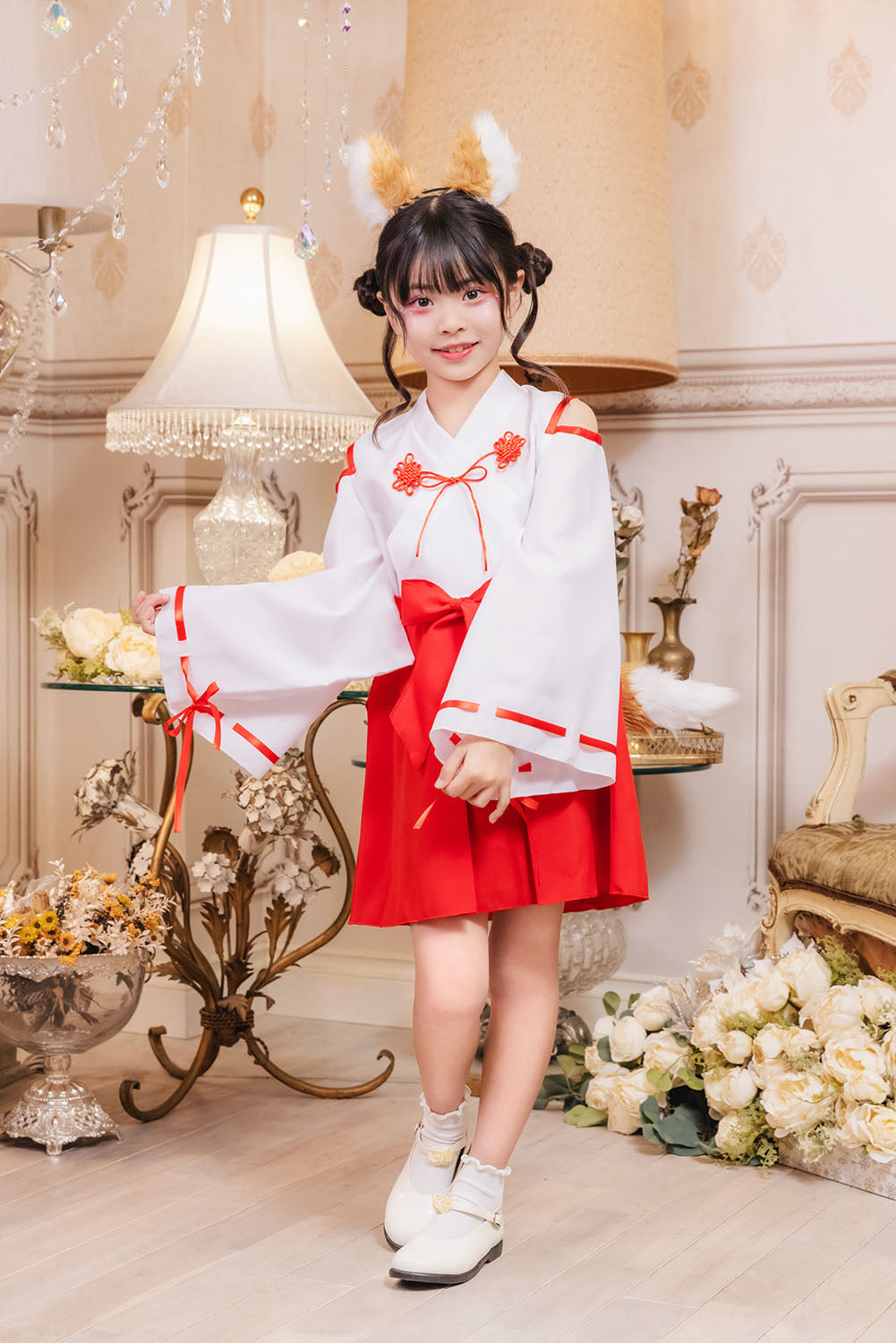 [New] コスプレ キッズ こども ハロウィン きつね巫女 120/140cm ホワイト レッド【クリアストーン】