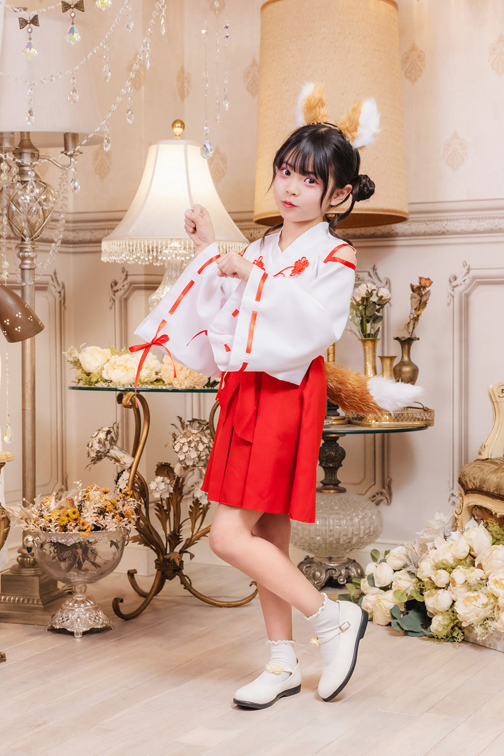 [New] コスプレ キッズ こども ハロウィン きつね巫女 120/140cm ホワイト レッド【クリアストーン】