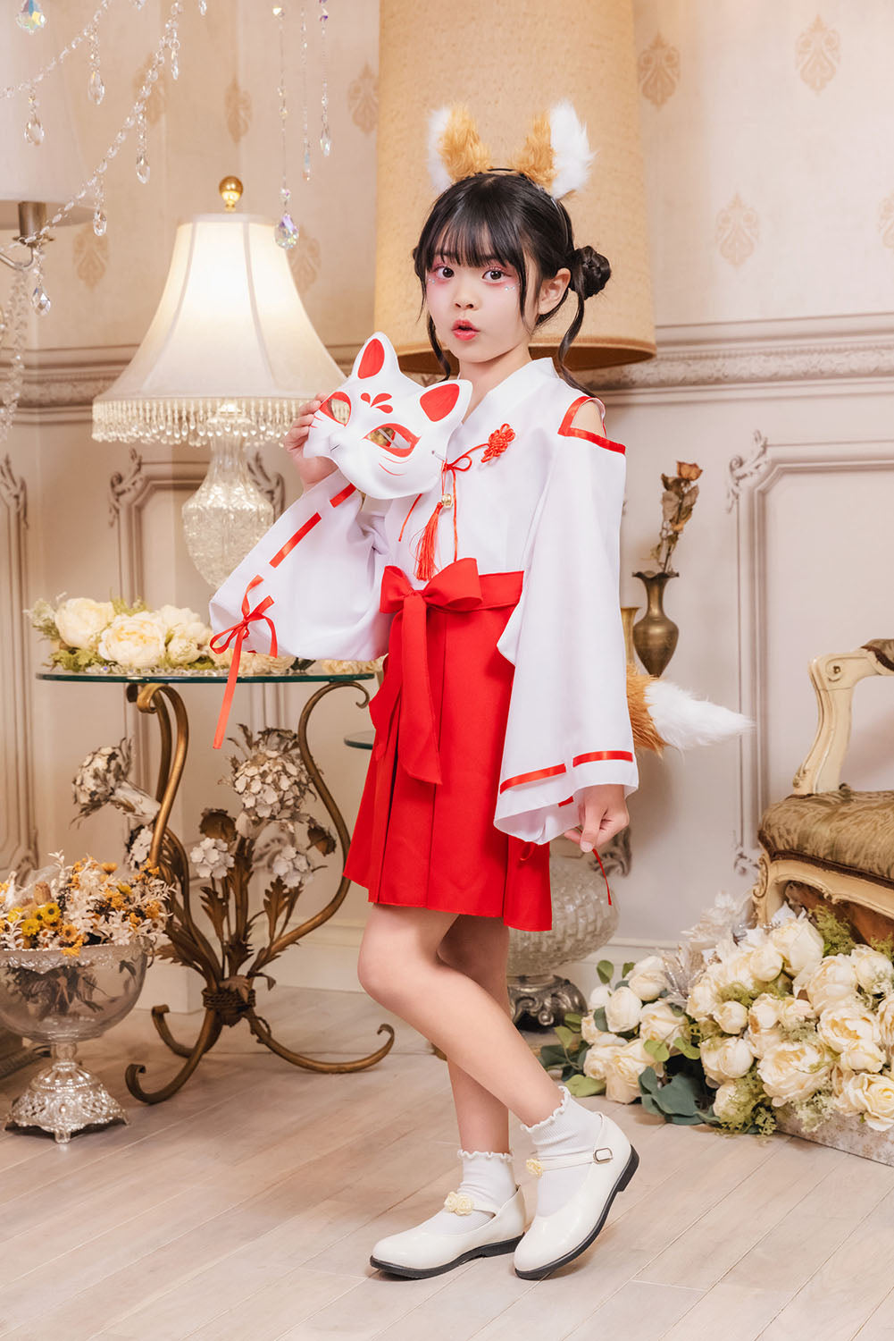 [New] コスプレ キッズ こども ハロウィン きつね巫女 120/140cm ホワイト レッド【クリアストーン】