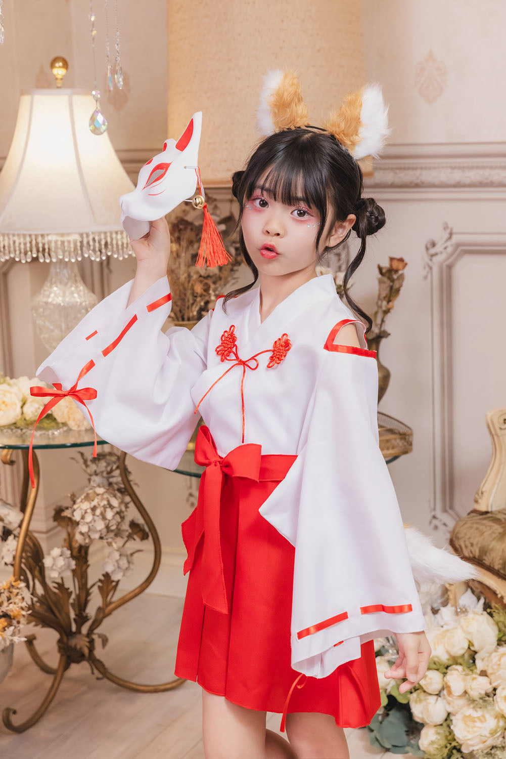 [New] コスプレ キッズ こども ハロウィン きつね巫女 120/140cm ホワイト レッド【クリアストーン】
