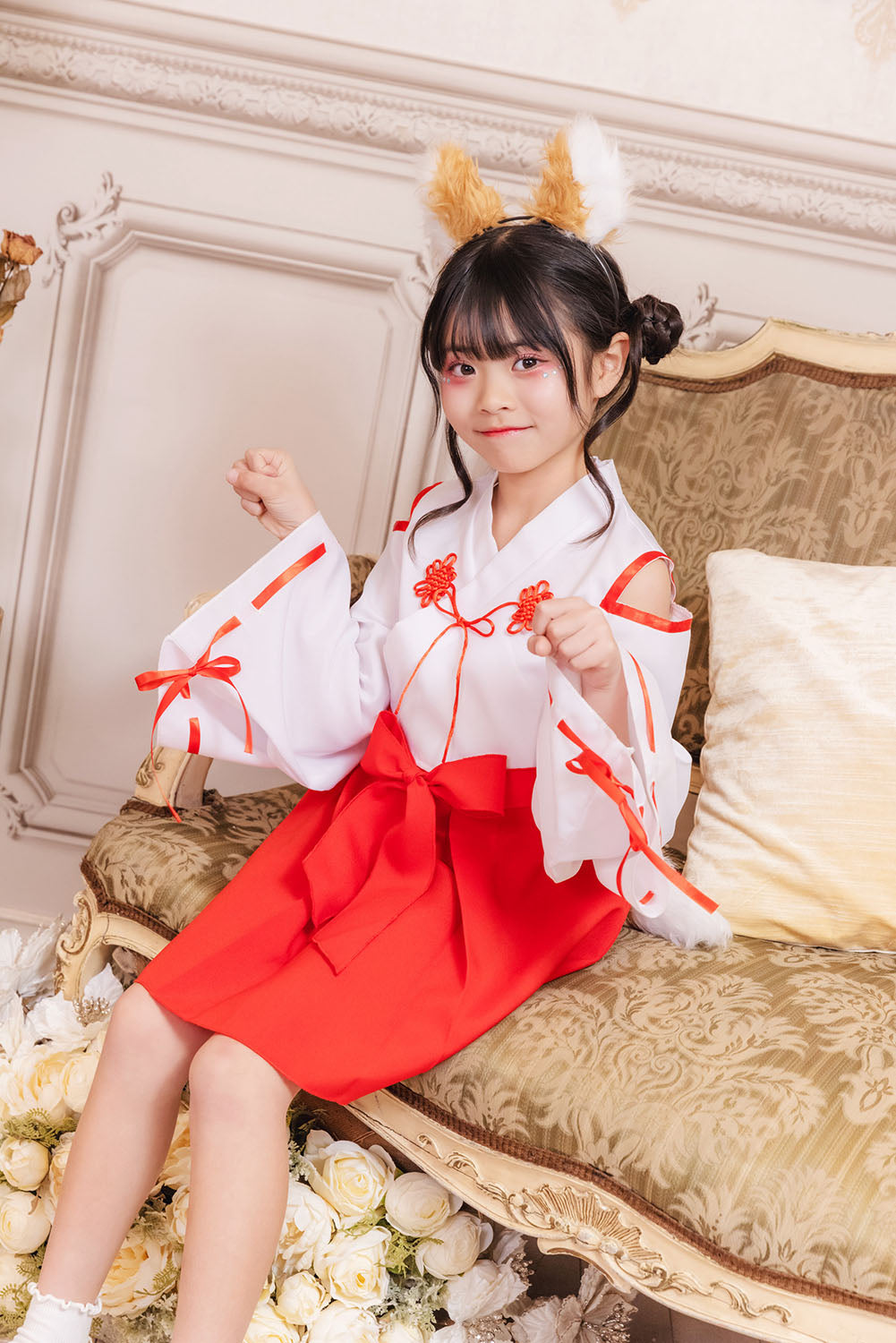 [New] コスプレ キッズ こども ハロウィン きつね巫女 120/140cm ホワイト レッド【クリアストーン】