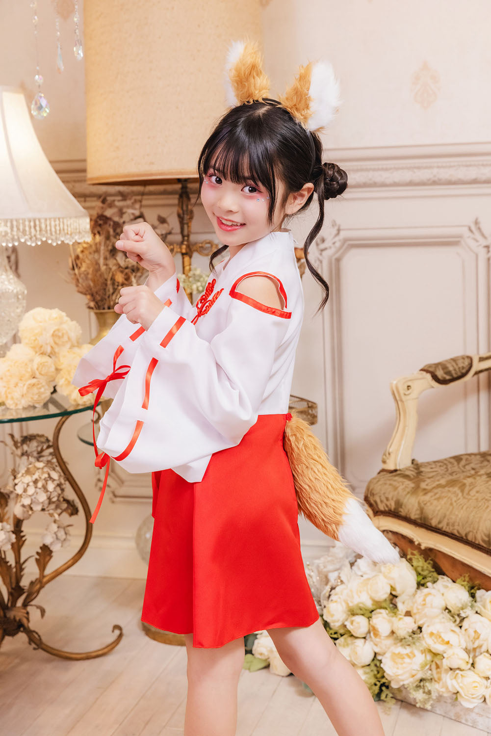 [New] コスプレ キッズ こども ハロウィン きつね巫女 120/140cm ホワイト レッド【クリアストーン】