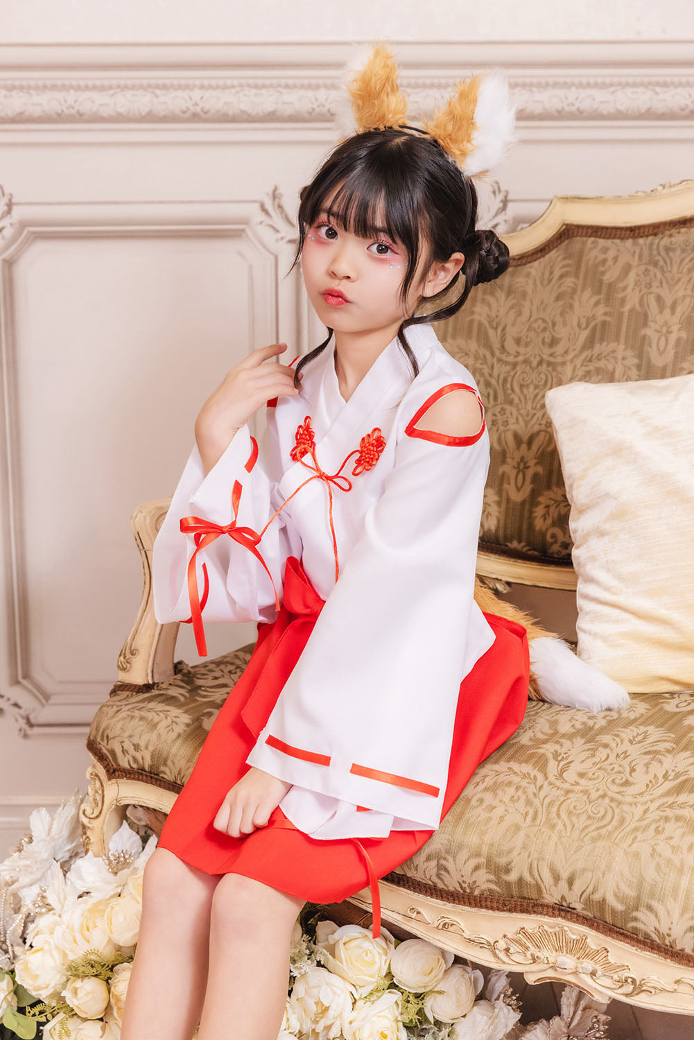 [New] コスプレ キッズ こども ハロウィン きつね巫女 120/140cm ホワイト レッド【クリアストーン】