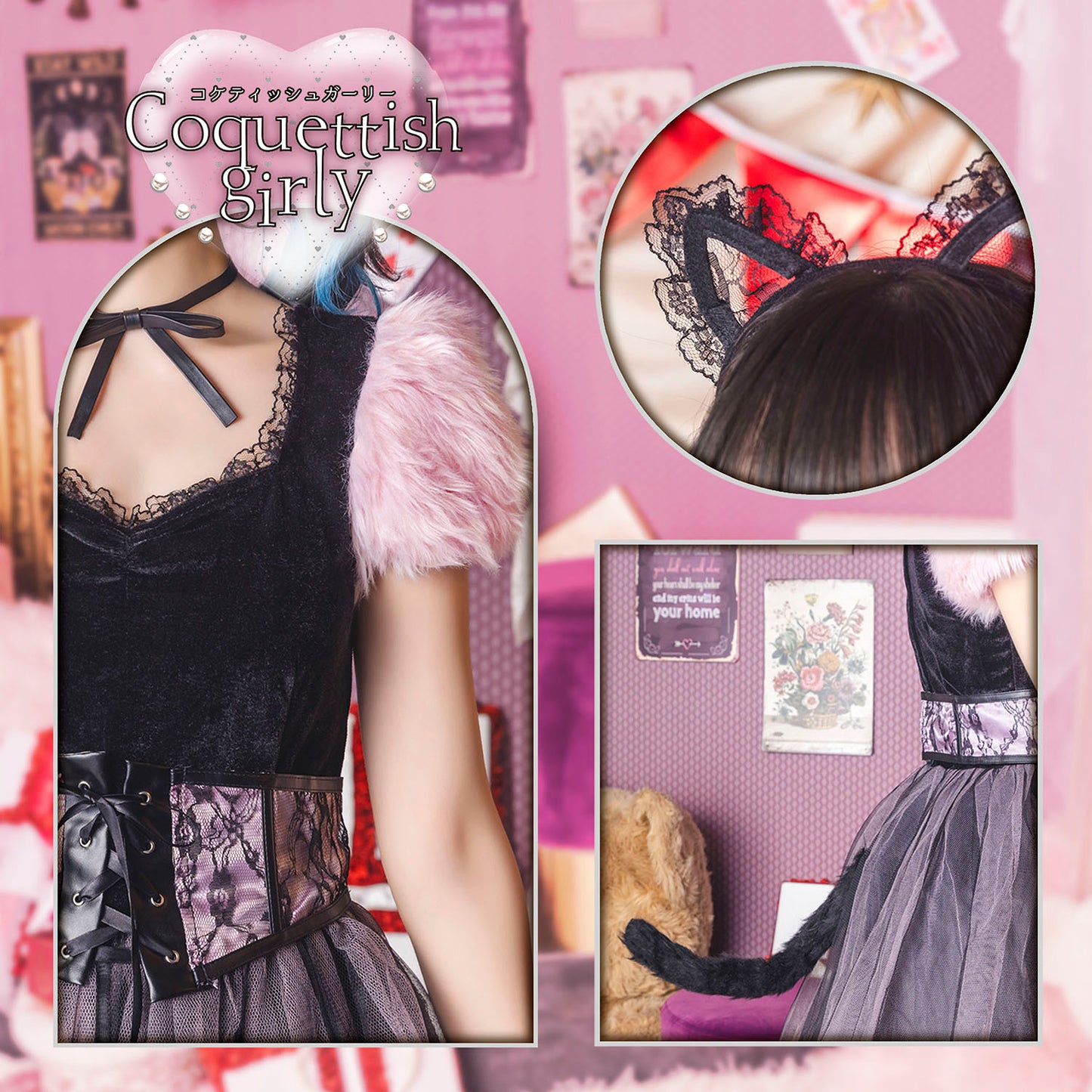 《JamsCollection着用》コスプレ ねこ コケティッシュガーリー ストロベリーキャット/バニラキャット レディース S M L ピンク/ホワイト【クリアストーン】