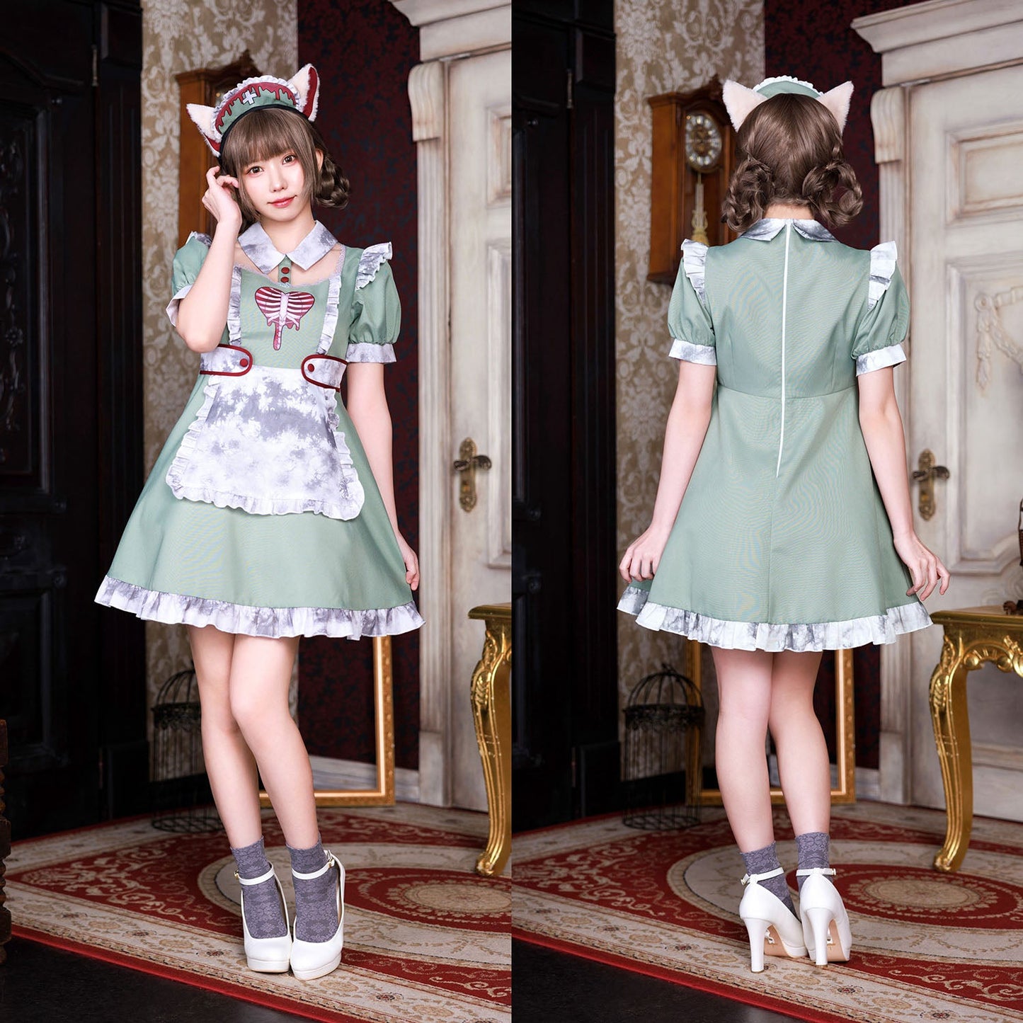 《えなこちゃん着用》コスプレ ハロウィン ゾンビ ねこ ネオゾンビ ドラッグナースキャット レディース グリーン【クリアストーン】