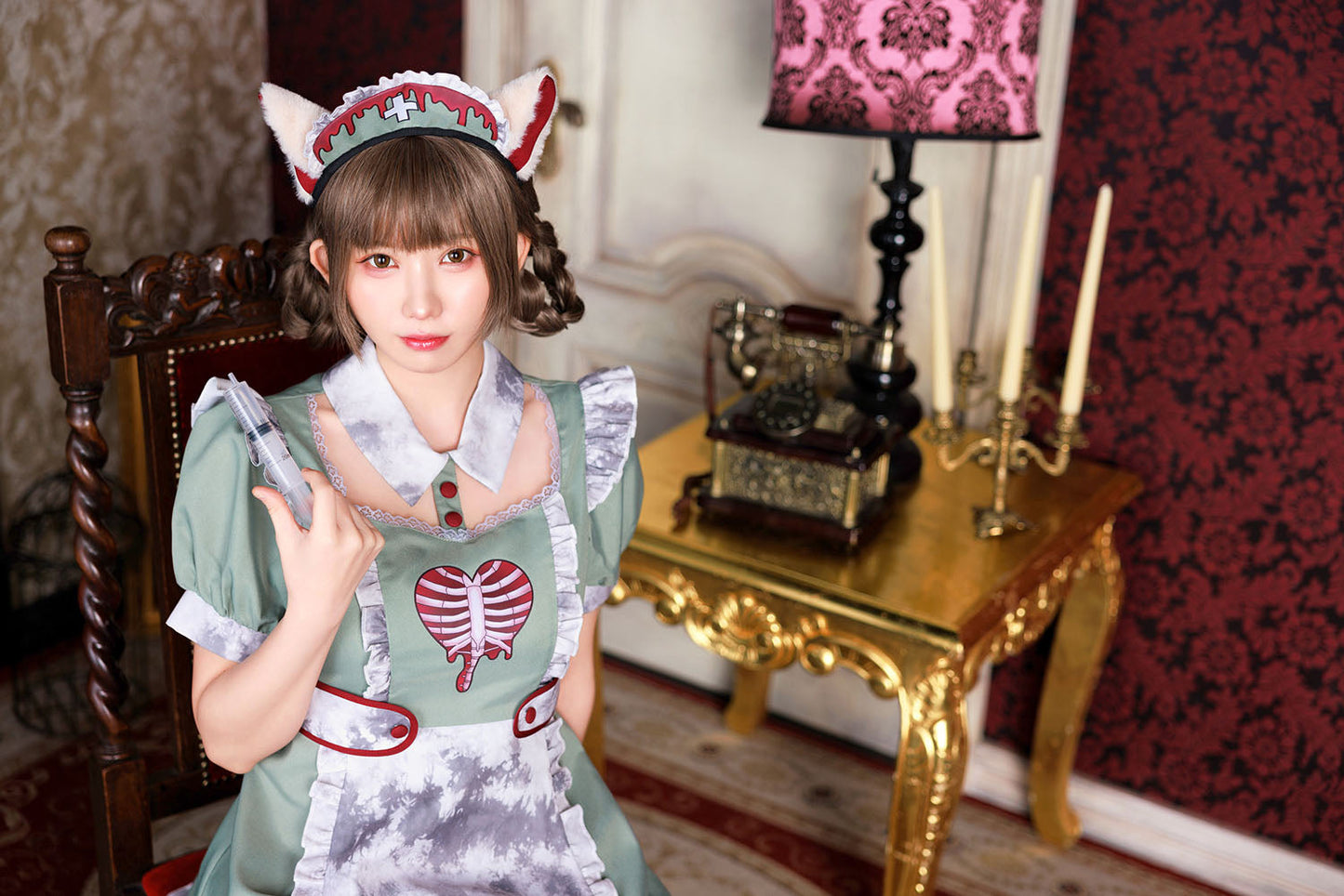 《えなこちゃん着用》コスプレ ハロウィン ゾンビ ねこ ネオゾンビ ドラッグナースキャット レディース グリーン【クリアストーン】