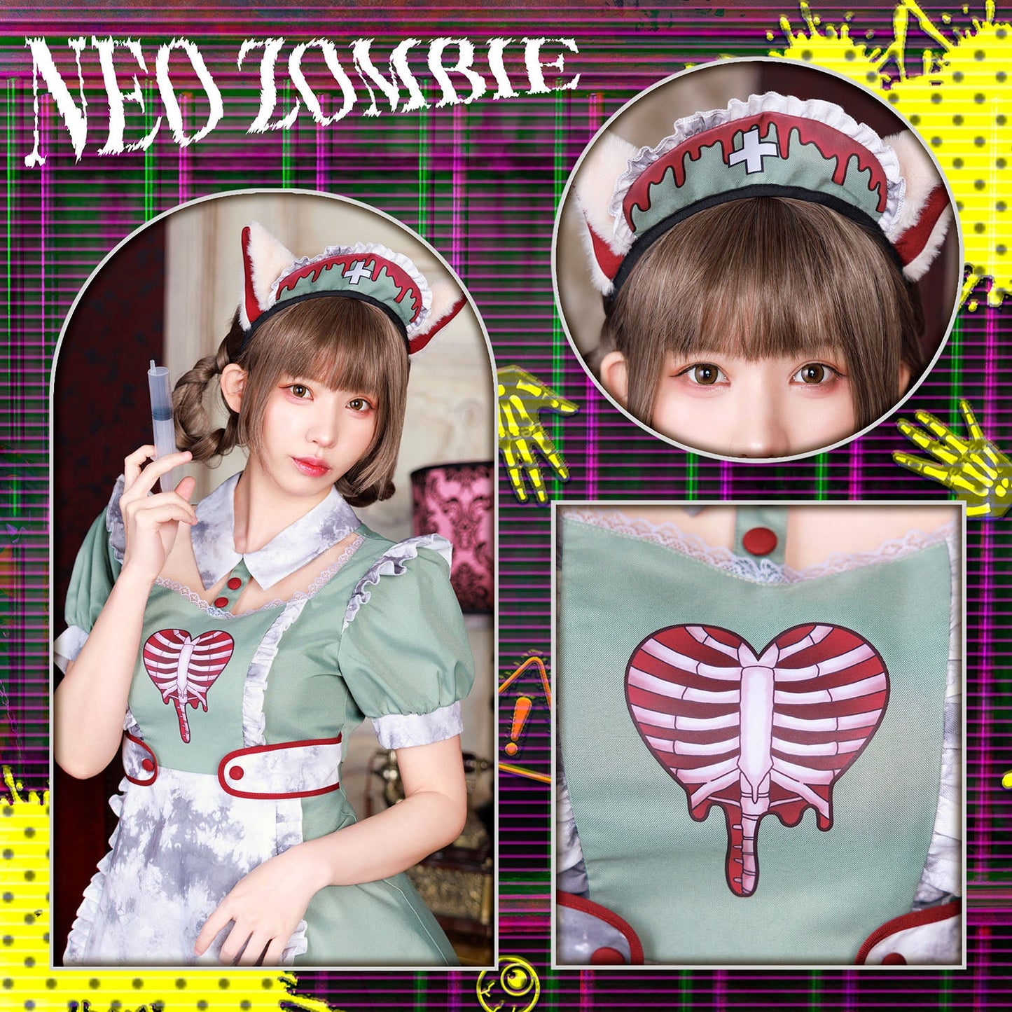 《えなこちゃん着用》コスプレ ハロウィン ゾンビ ねこ ネオゾンビ ドラッグナースキャット レディース グリーン【クリアストーン】